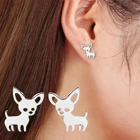 New Dainty Silver Stainless Steel Chihuahua Minimalist Novelty Stud Earrings - Picture 3 of 3